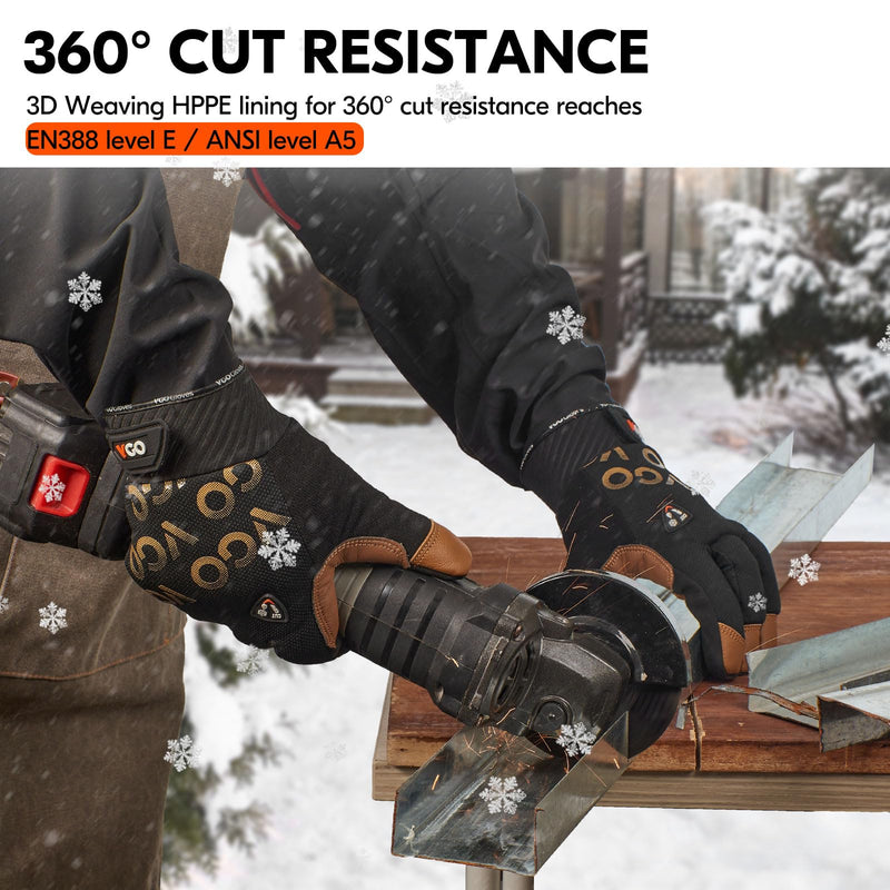 Vgo... Cut Resistant Work Gloves for Men Cold Weather, ANSI Level A5,Goat Leather Mechanic Gloves,Touchscreen(GA9604FWC5) X-Large Brown