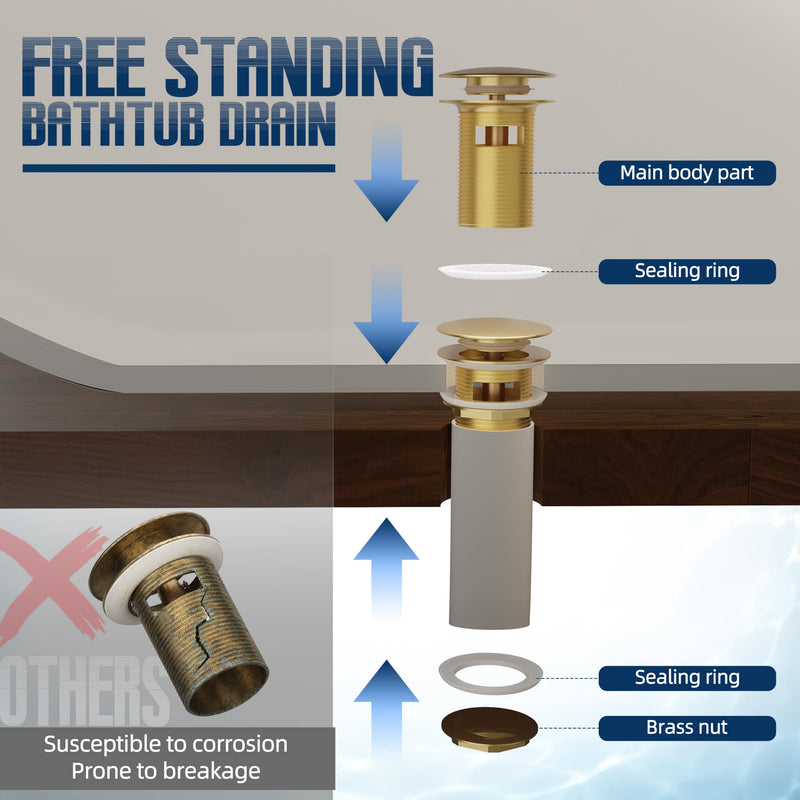 Brass Freestanding Tub Drain, Pop Up Freestanding Tub Drain Plug, Fits Most Freestanding Tub Drain Kits (Brushed Gold) Brushed Gold