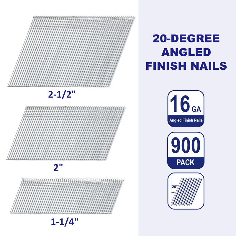 HW HAMWOO 16 Gauge Angled Finish Nails, 20-Degree, 900-Pack (1-1/4"-300, 2"-300, 2-1/2"-300), Galvanized Assorted Size Project Pack,for Pneumatic, Electric Angled Finish Nailer