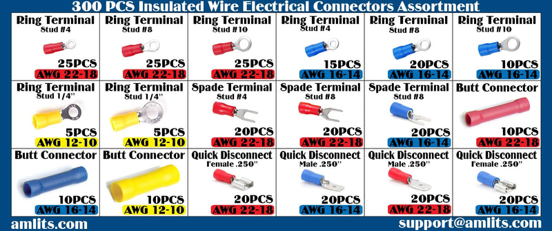 300 PCS Insulated Wire Electrical Connectors - Butt, Ring, Spade, Quick Disconnect - Crimp Terminals Connectors Assortment Kit PVC Crimp Connectors 300 PCS