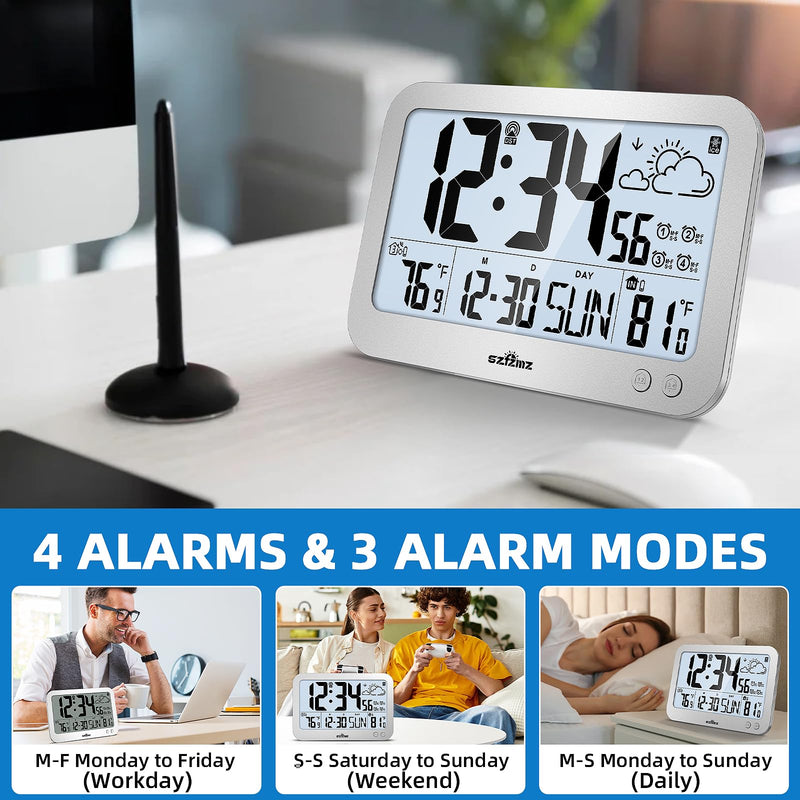 Atomic Clock, 10" Digital Clock Large Display, Wall Clocks Battery Operated with Backlight, Wireless Outdoor Sensor, Alarm Clock Indoor Outdoor Temp, 4 Time Zones, Auto DST, Clock for Bedroom (Sliver) Sliver