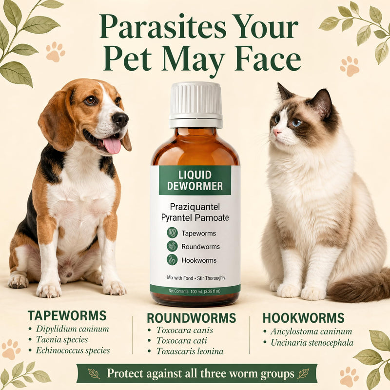 Praziquantel & Pyrantel Pamoate Liquid Dewormer for Cats & Dogs -Targets Tapeworms, Roundworms & Hookworms – 3.38 fl oz with Syringe