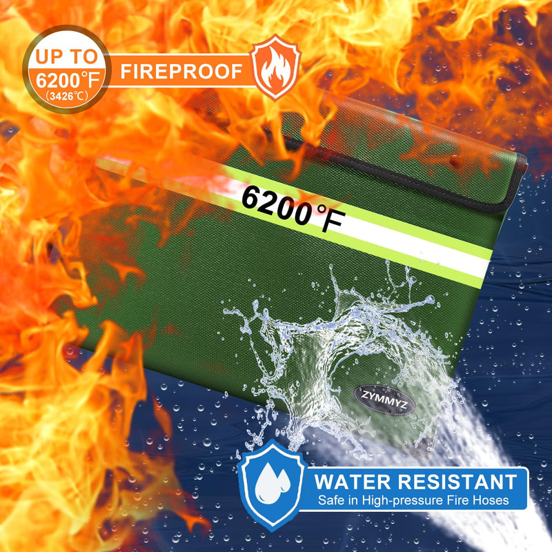 Fireproof Bag for Documents 6200°F Heat Insulated,Non-Itchy Fire Proof Money Pouch with Water Resistant Zipper,Fireproof Water Proof Document Envelopes for Cash,Valuables Green Medium Size