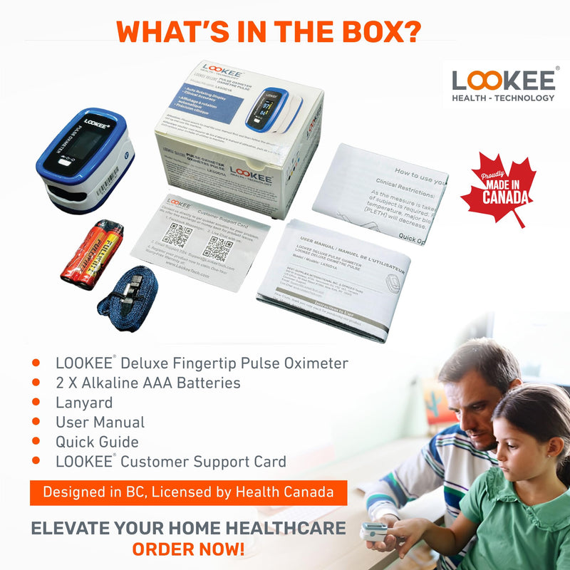 LOOKEE LK50D1 Deluxe Fingertip Pulse Oximeter - Finger SpO2 Blood Oxygen Saturation Monitor with Auto Rotate OLED Display Plethysmograph Waveform & Pulse Graph - Batteries Included Blue