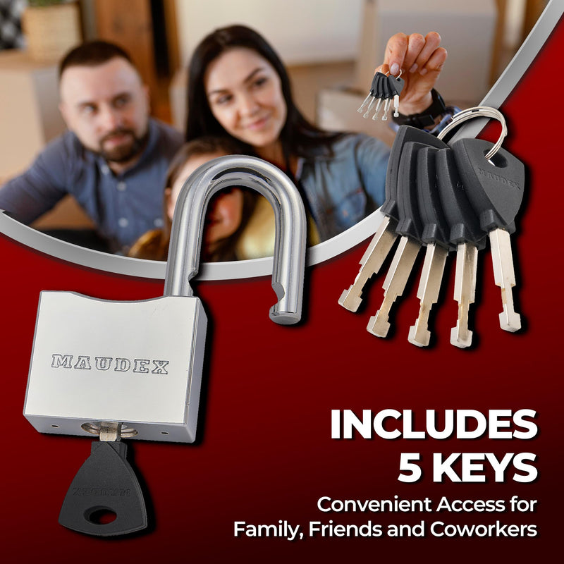 Maudex® RPB50 Heavy Duty Padlock with 5 Keys - 10mm Cut Resistant Hardened Shackle - Weatherproof Chrome Body | Small Keyed Lock for Gym & School Lockers, Gates 50 mm Silver