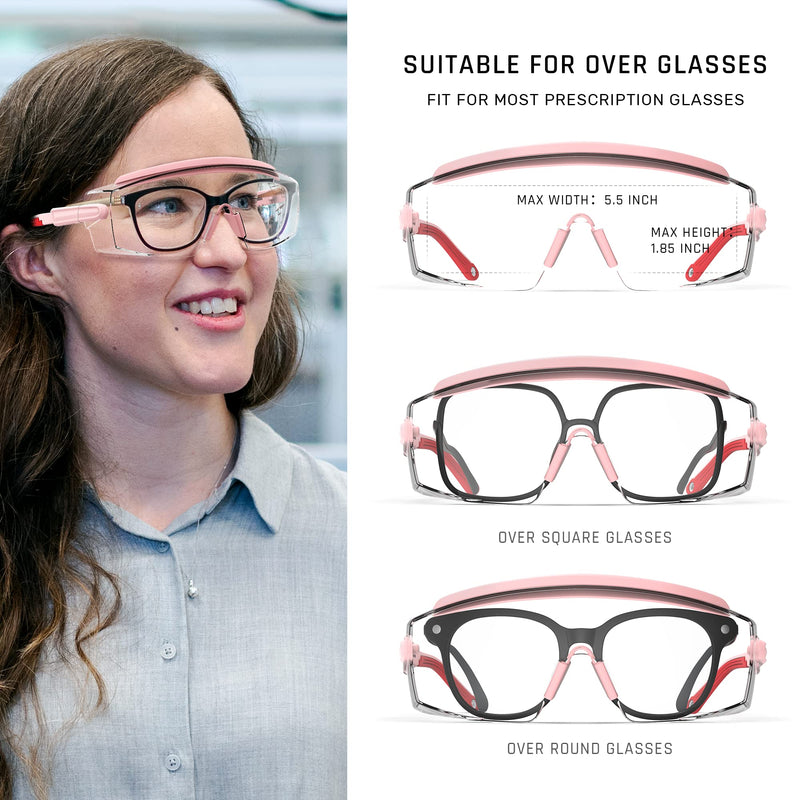 Anti Fog Safety Glasses Safety Goggles Over Glasses Protective Glasses with Anti Scratch Lenses Adjustable Pink