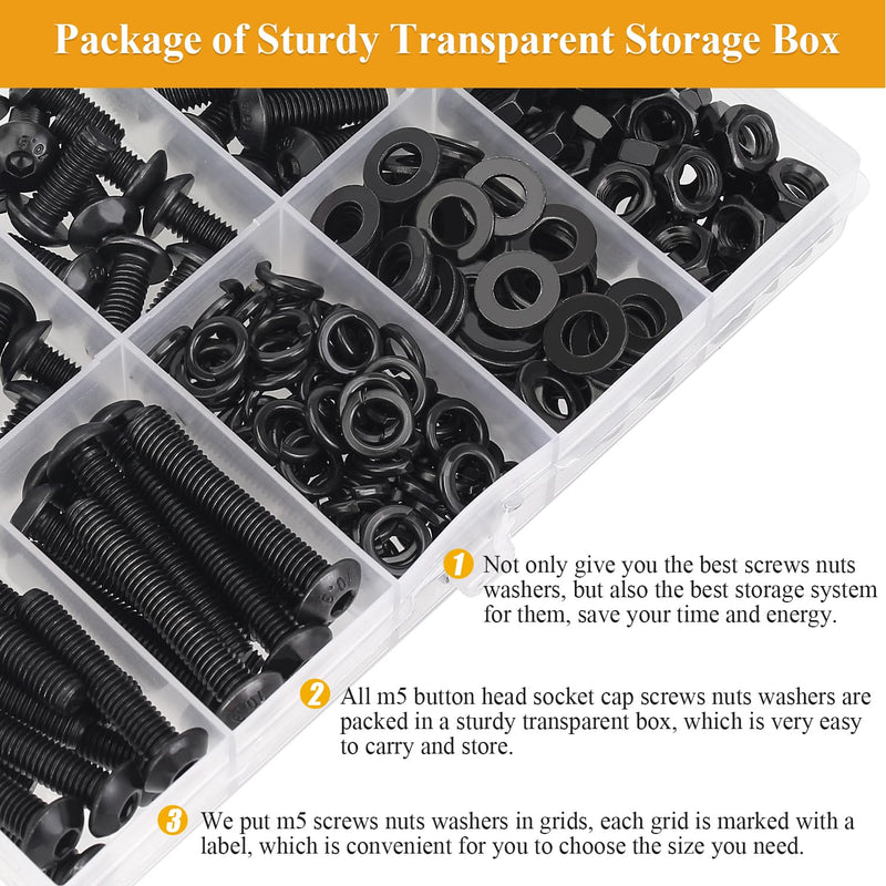 242 Pieces M5 Screws Nuts Washers Set Black, Sutemribor M5 x 8/10/12/16/20/25/30mm Button Head Socket Cap Screws Nuts Washers Assortment Kit, 10.9 Grade Alloy Steel, Fully Threaded M5 Screws Kit