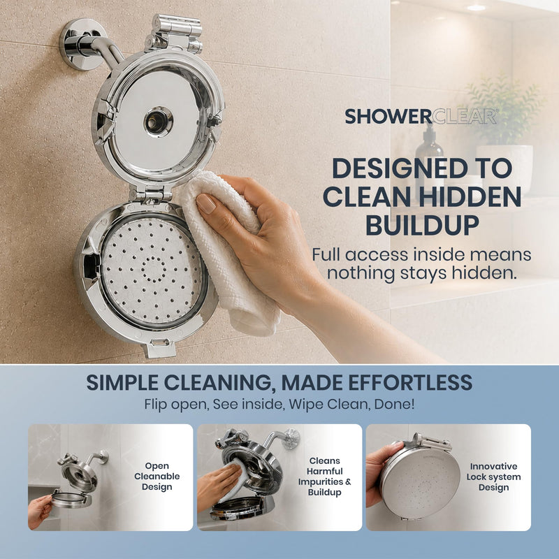 Patented Open Clean Design Shower Head - The World’s Only Cleanable Shower Head to Reduce Moisture & Buildup, High Pressure Flow, Universal Fit - Chrome - 5.5 inches