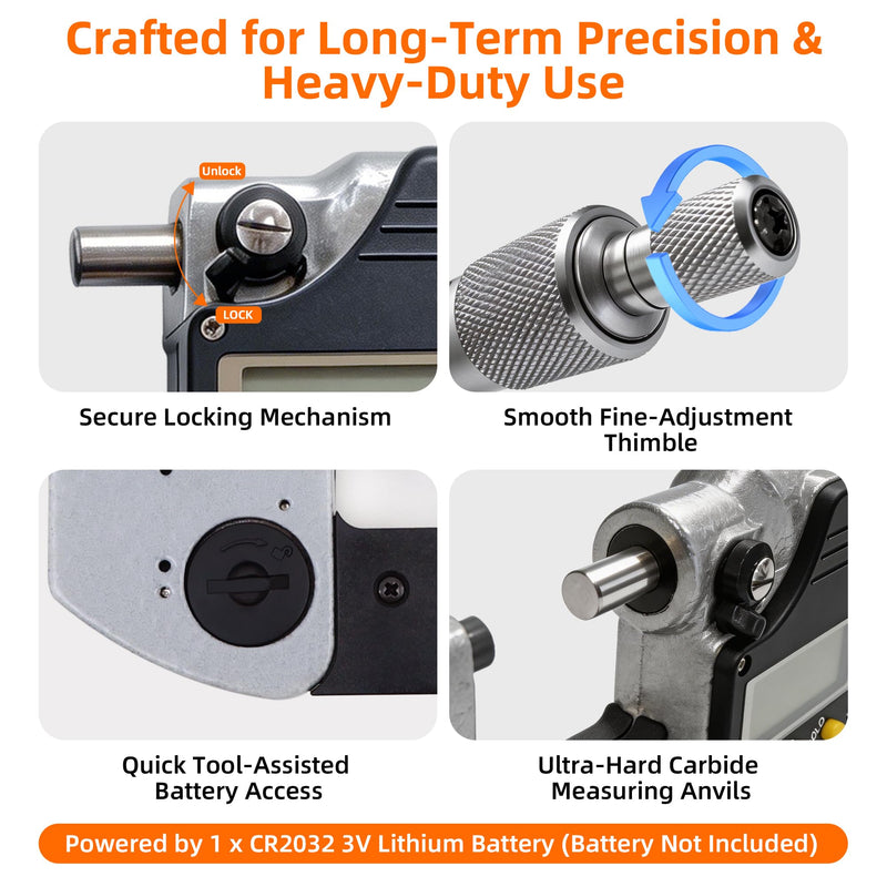 0-1 Professional Digital Micrometer，0.00005" /0.001mm Resolution，Digital Outside Micrometer with Carbide Tip 0-1" Range with Ratchet Stop, Precision Machinist Workshop Automotive Tools Digital Micrometer 0-1" (0-25mm)