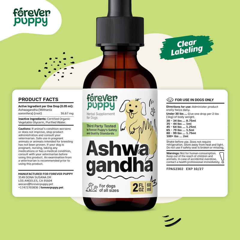 Ashwagandha Drops for Dogs - Composure & Relaxation Supplement w/Ashwagandha Root - Liquid Alternative to Dog Calming Chews - Dog Food Supplements for Calming Vibes - 2 oz