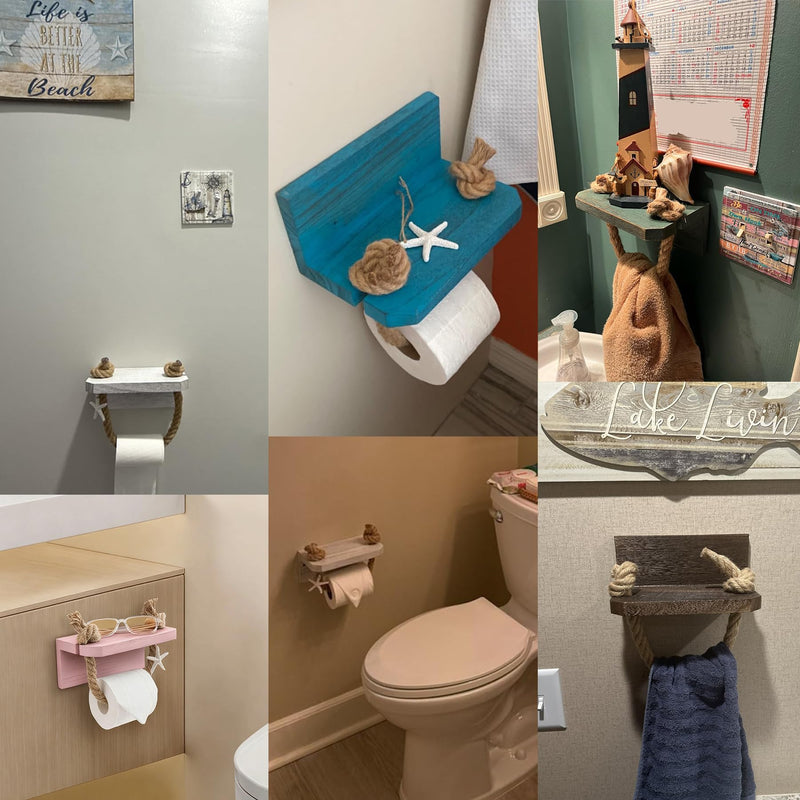 Mermaid Toilet Paper Holder - Pink Beach Coastal Rope Bathroom Decor with Starfish Wall Mount, Farmhouse Tissue Holder with Wood Shelf, Rustic Towel Rack Bathroom Accessories