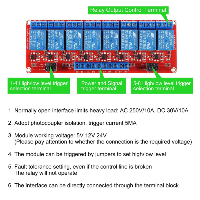 2Pcs 8 Channel 5V Relay Module High Low Level Trigger with Optocoupler Isolation Load 8 Ways Relay Switch Module DC 30V AC 250V 10A Home Intelligent Control Module