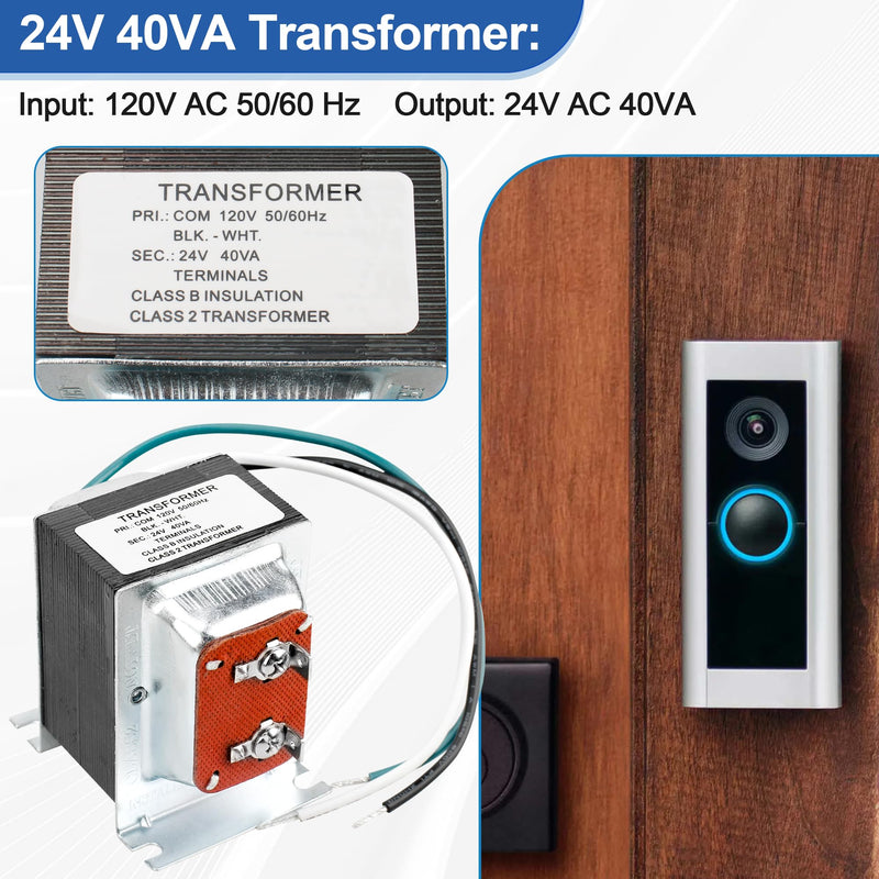Doorbell Transformer 24V 40VA for Ring Video Doorbells, 24 Volt Hardwired Door Chime Transformer Power Supply Compatible with Ring, Nest Hello, Wyze and Eufy Video Doorbells and Any Wired Door Chime