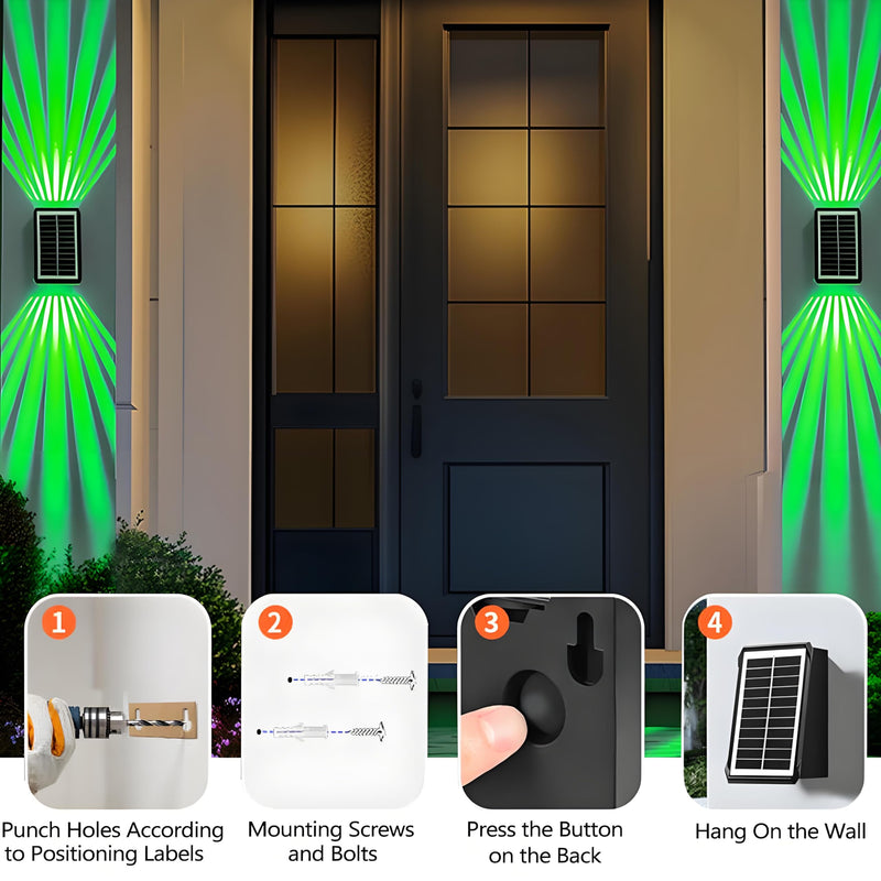 Solar Outdoor Wall Lights, Up & Down Solar Powered Lighting, Waterproof IP65 Fence Light for Yard/Pool/Porch/Patio/Railing (2 Led-RGB Light, 4 Pack) 2 Led-RGB light