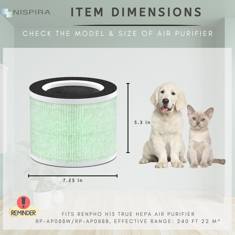 Nispira RP-AP088-F1 RP-AP088 Replacement Filter for RENPHO Air purifier RP-AP088W RP-AP088-F2 H13 4-in-1 HEPA Activated Carbon, 1 Pack