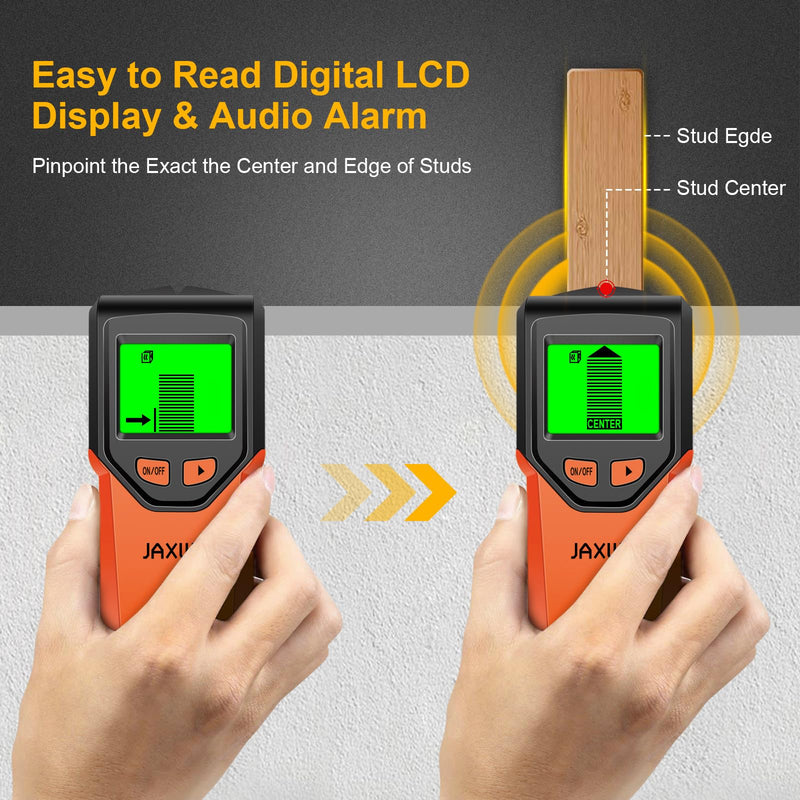 Stud Finder Wall Scanner - 5 in 1 Stud Finder Tool w/Microprocessor Chip and HD LCD Display, Stud Detector Beam Finders for the Center and Edge of Wood AC Wire Metal Studs Joist Pipe Blood Orange