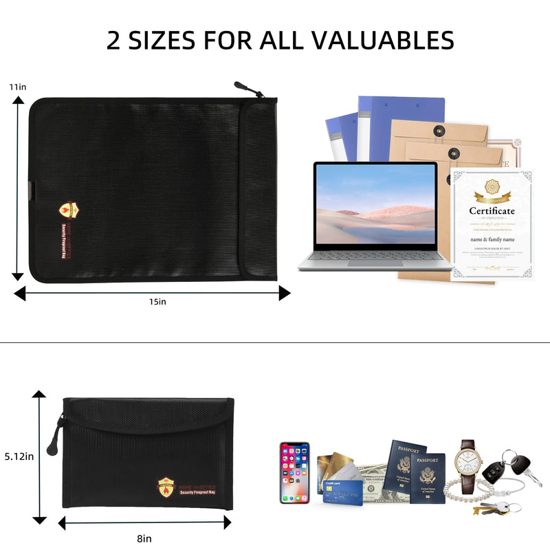 2 Pcs Fireproof Waterproof Document Bag(2000℉) – Fire & Waterproof Money Pouchfor for Cash w/Zipper – Safe Storage for A4/A5 Documents Holder, File, Cash, Jewelry, Passport, Tablet, Laptop Black 1 15 x 11 inch + 5 x 8 inch