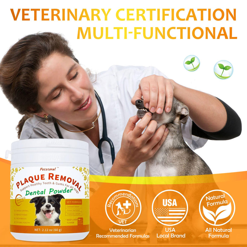 Petstoral Natural Dog Dental & Supplement Powder, Plaque & Tartar Control with Glucosamine, Omega-3, Probiotics & Vitamin E for Joint, Beef Liver Flavour, Digestion & Fresh Breath 2.12 Ounce (Pack of 1)