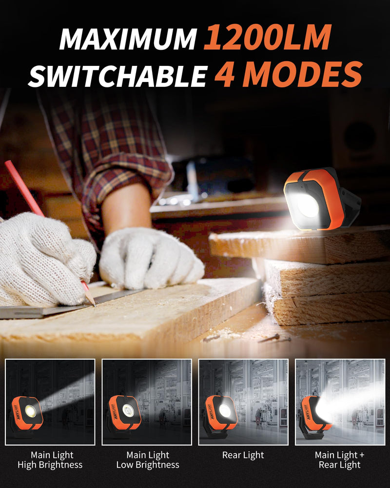 Work Light, Magnetic Rechargeable Light with 4 Modes & 150°Rotatable, 1200LM Waterproof Portable Light with 360° Rotating Hook for Emergency Car Repair, Grill, Outdoor work (1 Pack with Hook) 1 Pack ORANGE-NEW-1PK