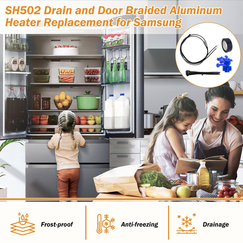 SH502 Drain Heater Fit for Samsung & Most Supco Refrigerator Evaporator Defrost De-Ice, Refrigerator Secondary Heater Kit - 7/16'' Heater Tip 32'' Long 120V 15W (2Pcs) 2P