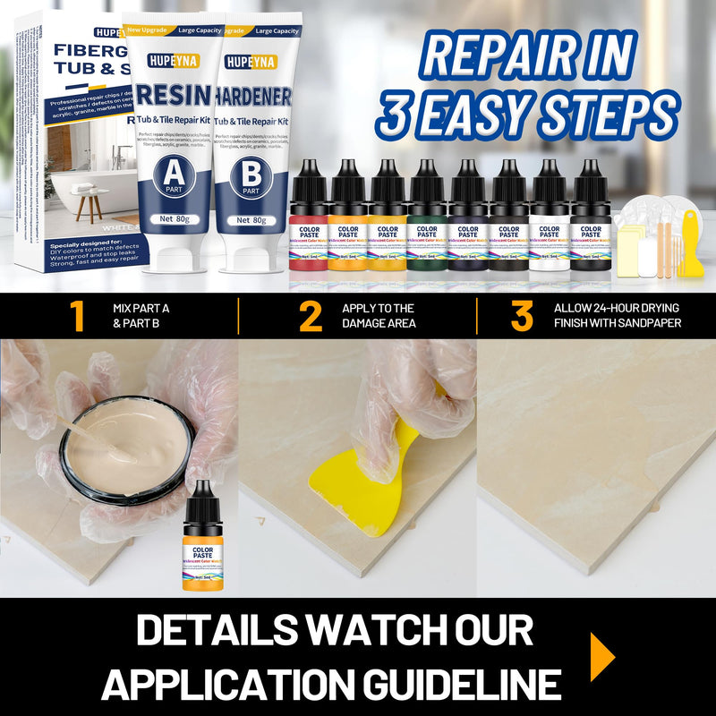 Fiberglass Repair Kit, Bathtub Repair Kit for Tile, Acrylic, Ceramic, Enamel, Kitchen Bathroom Fix Chips Cracks Scratches Rust Holes on Porcelain Sink, Tub, Toilet, Shower Tray, Granite, Marble, Deck