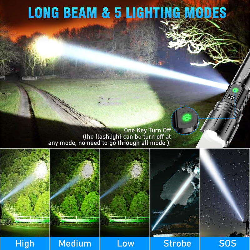 Flashlights 20000 High Lumens Rechargeable - 1500 Meters Long Beam Super Bright LED Flash Light with Power Display & IPX5 Waterproof for Camping, 20H Runtime,5 Modes,Zoomable Handheld Flashlight high lumen flashlight
