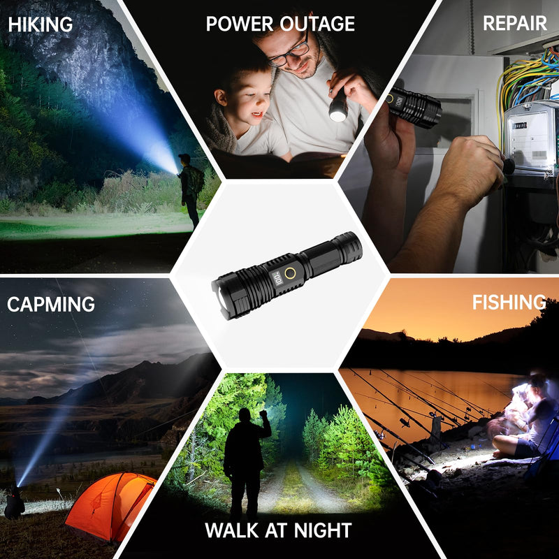 Flashlights High Lumens Rechargeable, 990000LM LED Super Bright Flash Light, Zoomable Linternas with LCD Digital Display, 5 Modes, Waterproof, Powerful Tactical Flashlight for Emergencies Camping Gift Black