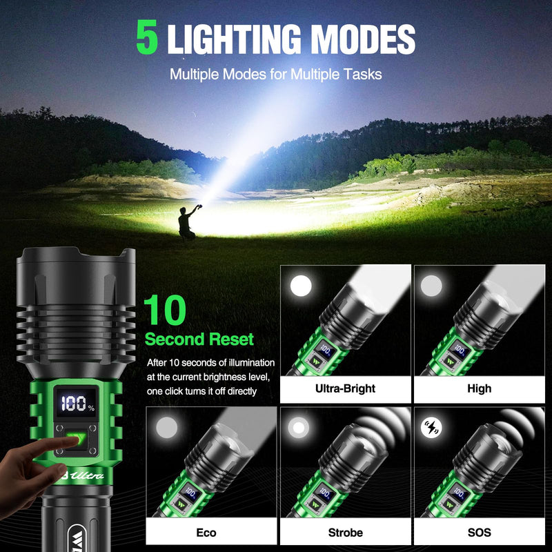 WdtPro Rechargeable LED Flashlights High Lumens, Super Bright 90000LM Rechargeable Flashlight with LCD Display, 5 Modes & Waterproof Powerful 10000mAh 30H Flashlight for Camping Emergency Green