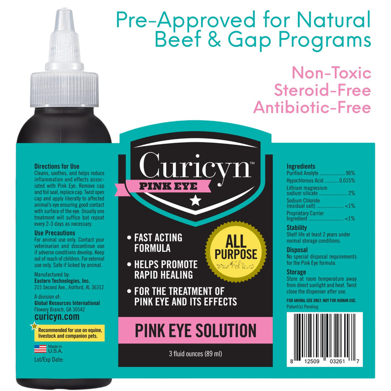 Curicyn Pink Eye Solution, Conjunctivitis Eye Drops for Dogs, Cats, Livestock and Horses – Pain Free, Non-Steroidal Dog Eye Wash with Purified Anolyte - Effects Observed in 1-3 Days 3 oz - PawsPlanet Australia