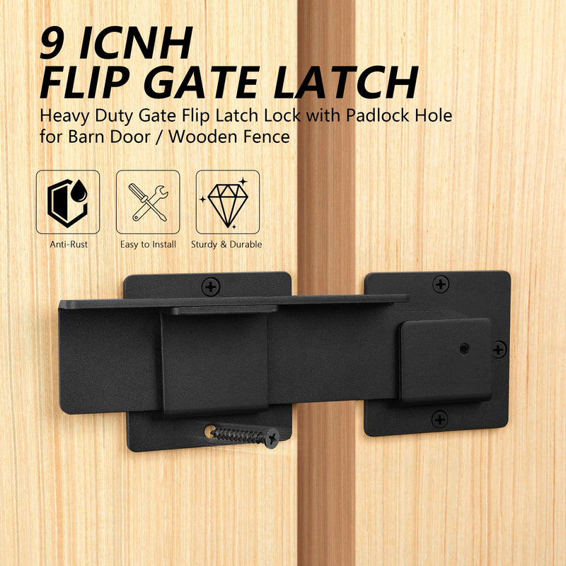 9" Flip Gate Latch Lock with 4 Padlock Holes, 4mm Extra Heavy Duty Carbon Steel Adjustable Door Latch for Sliding/Swing Gates, Outdoor Wooden Fence, Barn, Shed, Garage, Yard, Double Gate