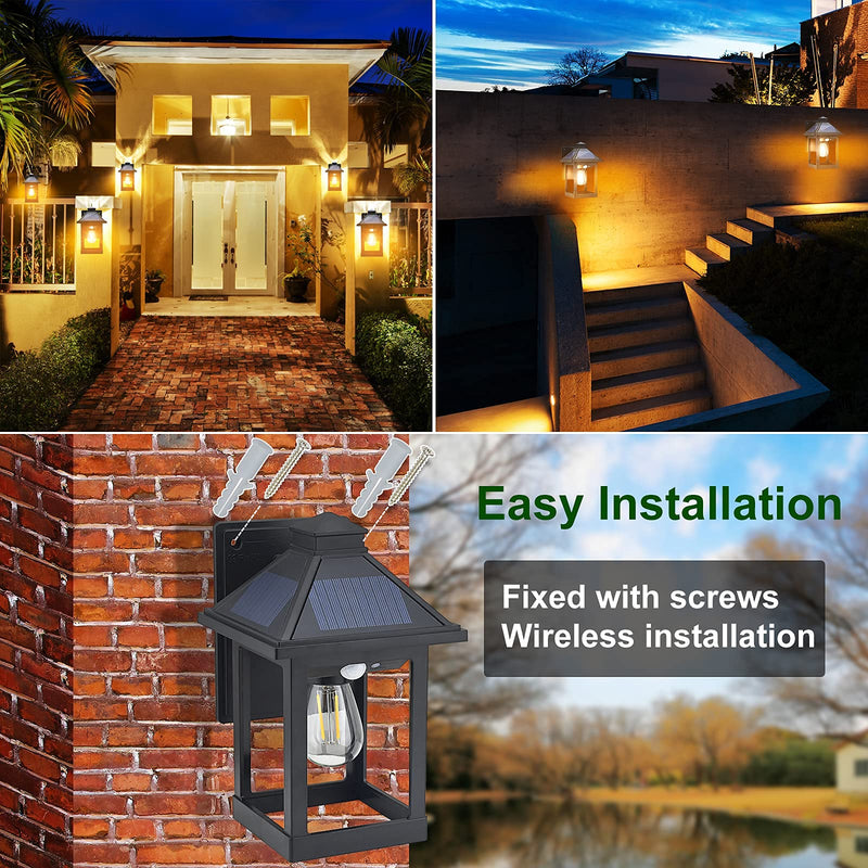 2 Pack Solar Wall Lanterns Outdoor with 3 Modes, Dusk to Dawn Motion Sensor LED Sconce Lights IP65 Waterproof, Exterior Front Porch Security Lamps Wall Mount Patio Fence Garage Decorative Black (2 Pack)