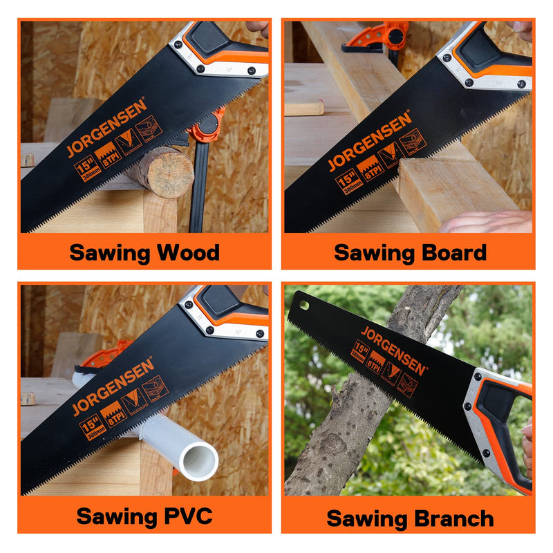 JORGENSEN 15” Hand Saw, Black Coated Coarse Handsaw 8TPI for Wood Cutting, Ergonomic Non-Slip Aluminum Handle for Sawing, Trimming, Gardening, Pruning, PVC