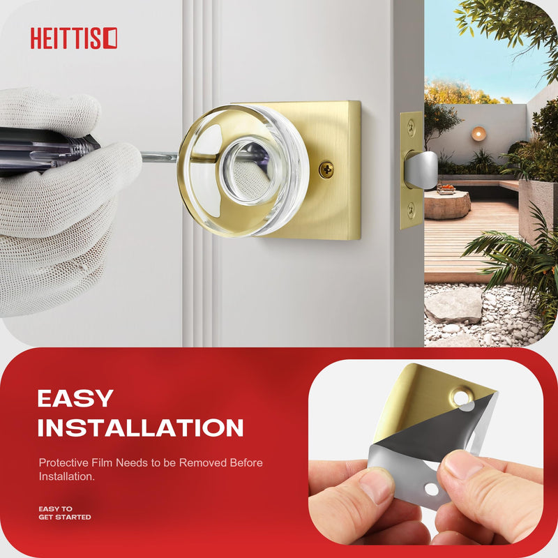 1 Pack Brass Combo Sets,Gold Crystal Door Knobs Interior,Modern Glass Door Knob with Single Cylinder Deadbolt,Satin Brass Finished 1 Pack Gold