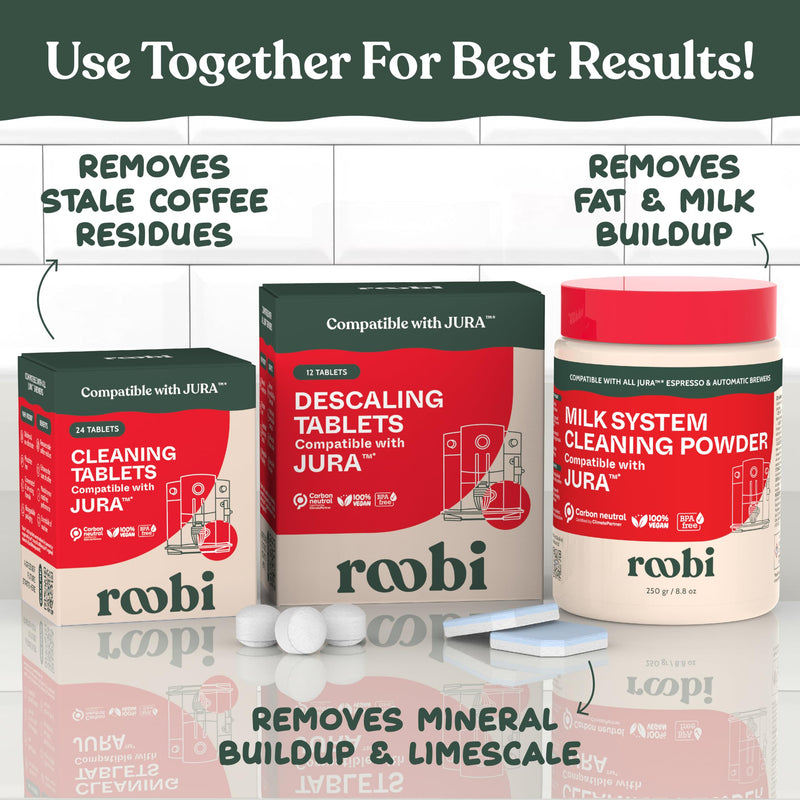 Roobi Compatible Milk System Cleaning Powder for Jura. Specially formulated for Jura Automatic Espresso Coffee Machines. 100% Vegan, Carbon Neutral. Milk Cleaning Powder
