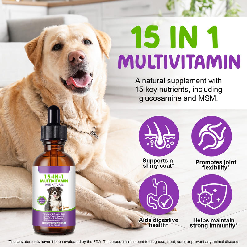 Dog Multivitamin Drops, 15 in 1 Multivitamin Liquid for Dog with Vitamin C-20 Mg, Vitamin D-100 Iu & B1-3,Dog Health Supplements for Skin Care, Joints & Hips,Gut