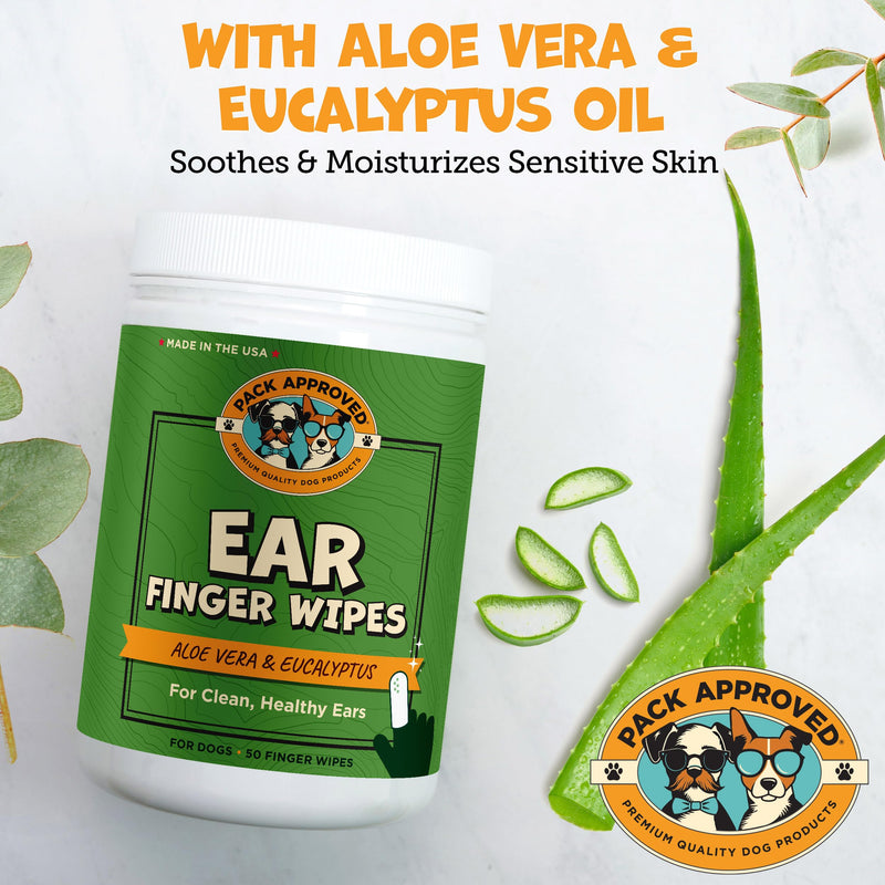 Pack Approved Finger Ear Wipes for Dogs with Aloe Vera and Eucalyptus - Convenient, Extra-Coverage, and Large Design Dog Ear Cleaning Wipes - Removes Wax and Freshens Ears - 50 Wipes Finger Wipes