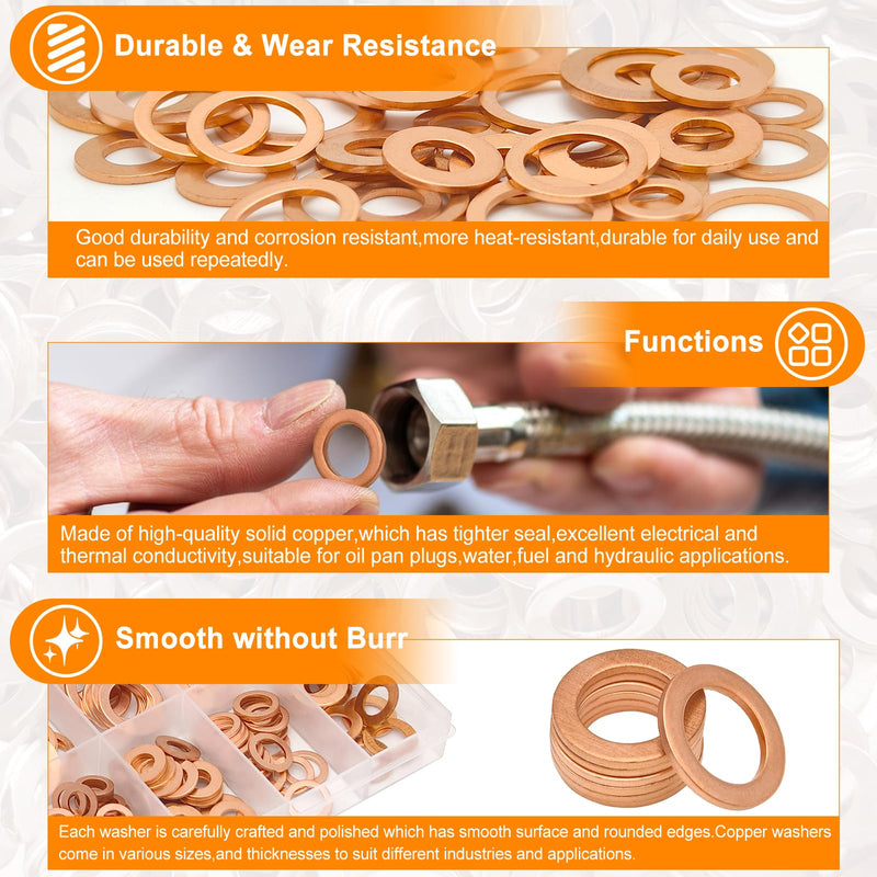 200pcs 9 Sizes Premium Copper Metric Sealing Crush Washers Assortment Kit,Flat Sealing Washer M5 M6 M8 M10 M12 M14,Flat Ring Sump Plug Oil Seal Gasket Sealing Fitting Washers for Industrial,Household