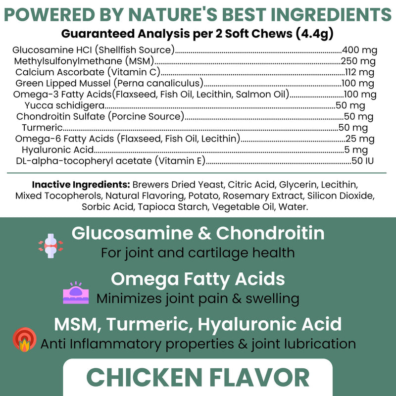 Chew + Heal Labs Glucosamine for Dogs Hip and Joint Supplement - 60 Senior Dogs Mobility Soft Chews - Made with Glucosamine, MSM, Chondroitin, Green Lipped Mussels and More - Made in The USA Chicken 60 Count