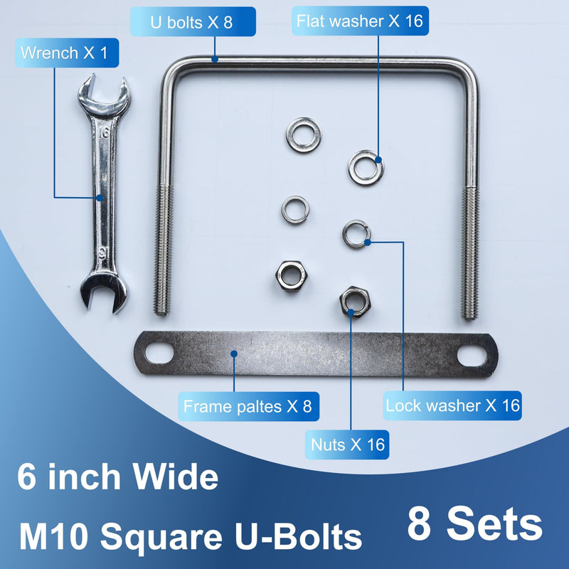 8 Pcs M10 Square U Bolts 6 Inch Wide, 3/8" x 6"W x 5-1/8"L M10 x 6"W x 5-1/8"L 8