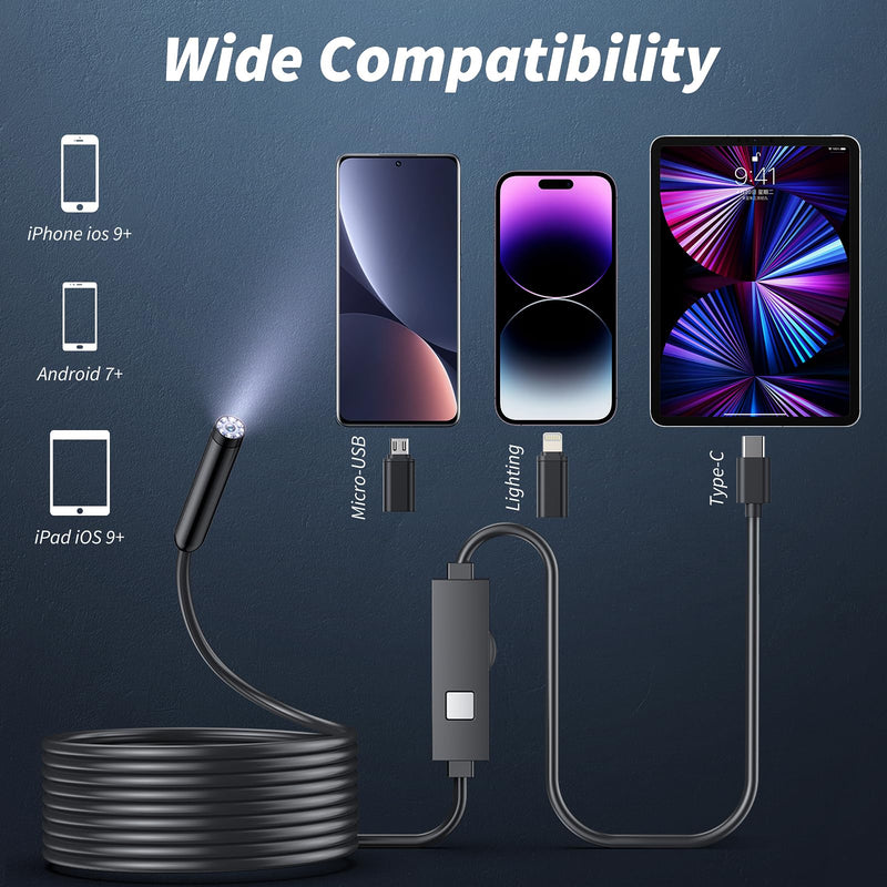 Endoscope Camera with Light, 1920P HD Borescope Tools with 8 Adjustable LED Lights, Endoscope with 16.4ft Semi-Rigid Snake Camera, 7.9mm IP67 Waterproof Inspection Borescope for iOS and Android-16.4ft 3 Interface 16.4ft