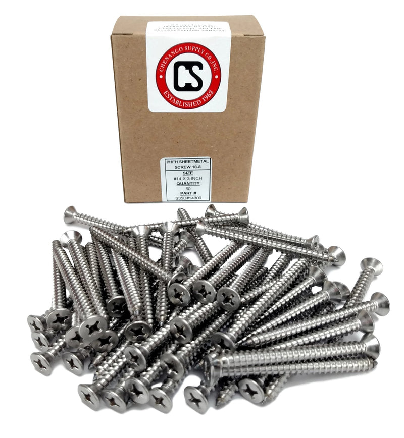 #14 X 3 Stainless Phillips Flat Head Sheetmetal Screw (3/4" to 3" in Listing) 50 Sheet Metal Screws, 82 Degrees (#14 X 3) #14 X 3"