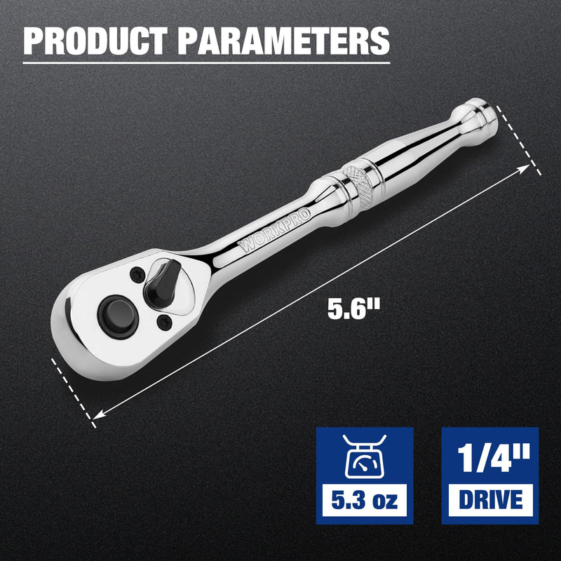 WORKPRO 1/4-Inch Drive Ratchet, Quick-Release Reversible Ratchet Wrench, 72-Tooth 1/4 Drive Ratchet Handle, Chrome Alloy Made, Cr-Mo Head, Full Polished 1/4"