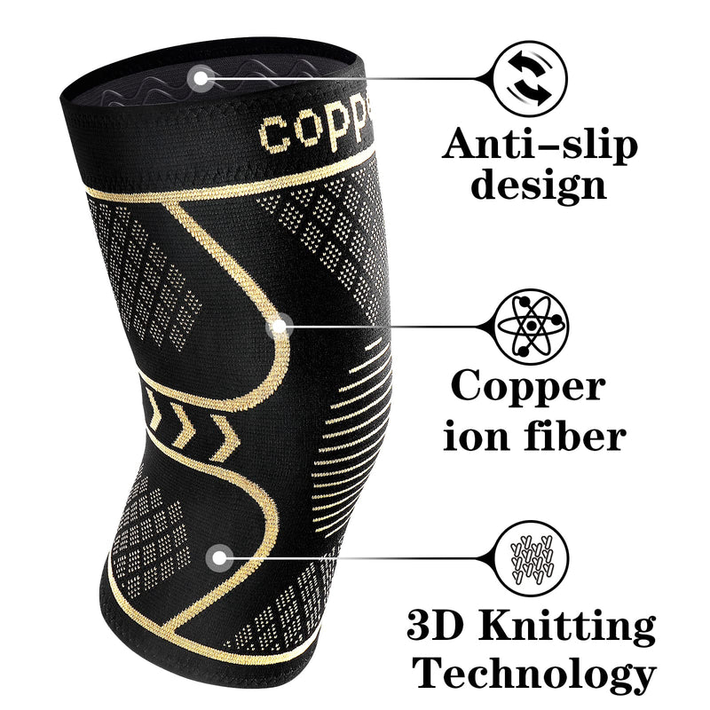 Copper Knee Braces for Women and Men 2 Pack, Knee Compression Sleeve for Knee Pain, Arthritis,ACL, Meniscus Tear, Joint Pain Relief, Knee Support for Running, Working Out, Fitness, Weightlifting-M Black+copper Medium
