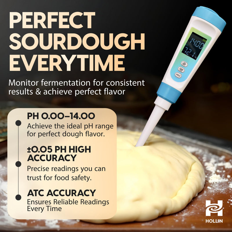 Digital pH Meter for Food Testing - Sourdough, Fermentation, Cheese & Canning - Solid Food Probe with Calibration Powder - Professional pH Tester for Home Cooks & Bakers (0.00-14.00)