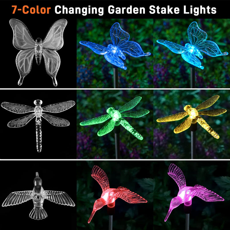 OxyLED Solar Garden Stake Lights 6 Pack Outdoor LED Figurine Lighting Color Changing Waterproof Solar Hummingbird Lights Butterfly Dragonfly for Patio Yard Pathway