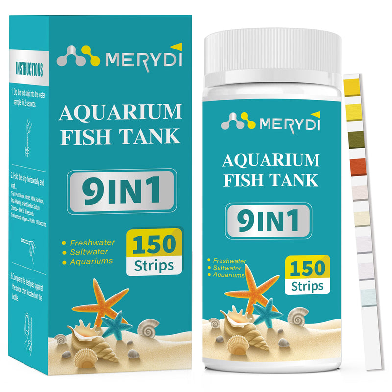 Aquarium Test Strips, 9 in 1 Fish Tank Test Kit for Freshwater Ponds, 150 ct Quick & Accurate Water Testing Iron Copper Sodium Chlorine Nitrate Nitrite Total Alkalinity Hardness Free Chlorine pH 9 IN 1 aquarium test strips