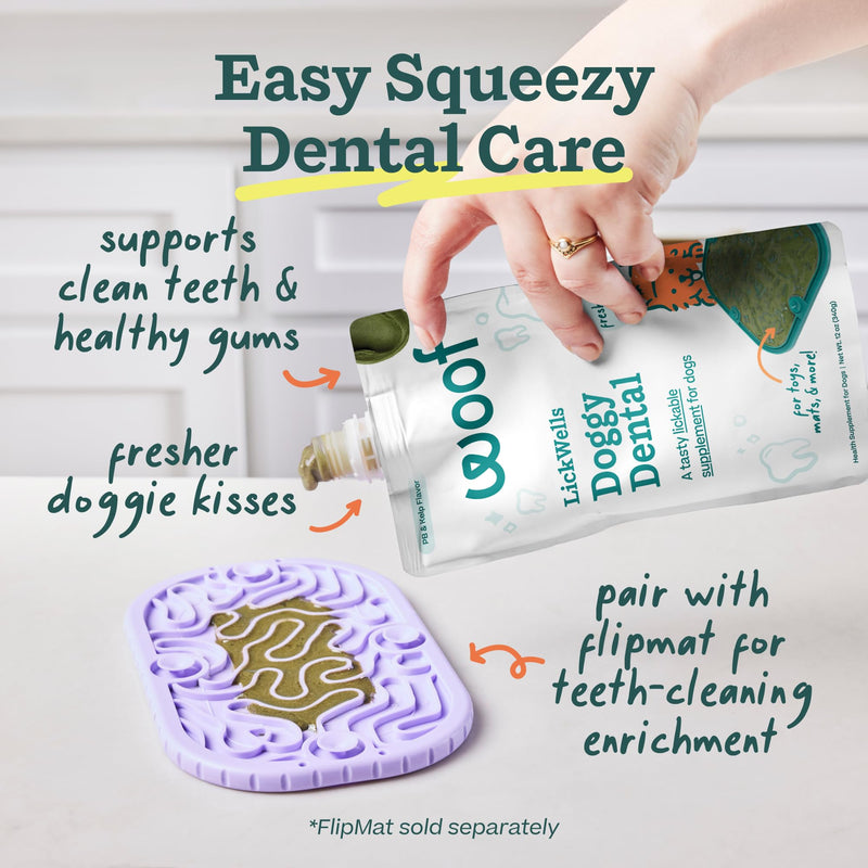 WOOF LickWells Doggy Dental - Teeth Cleaning Supplement and Breath Freshener for The FlipMat and LickMat - Postbiotic Squeezable Dog Treats to Support Oral Health for Dogs - 12 oz PB & Kelp Flavor.