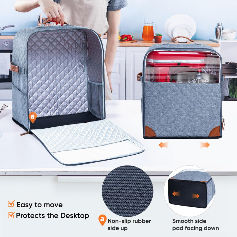 BAGSPRITE Stand Mixer Cover with Appliance Sliders Base Compatible with KitchenAid Mixer-Storage Bag for 6/7/8 Quart with Pockets for Kitchen Aid Accessories and Attachments Grey Fit for 6 - 8 Quart