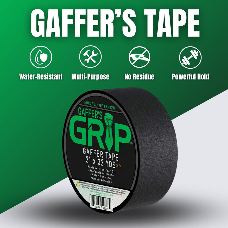 GRIP Premium Grade Non-Reflective Gaffer Tape | Heavy Duty, Matte Black, Residue-Free, Ideal for Photography, Stage, Film, Cable Management, Floors (1, Black, 2" x 32 Yards) 1