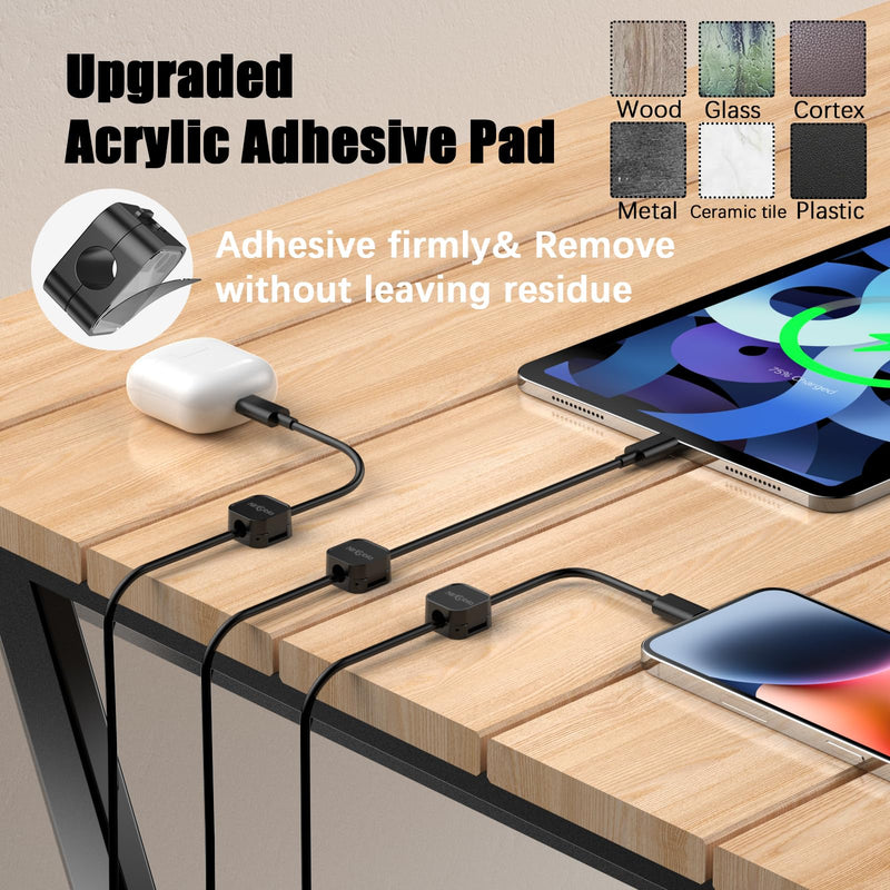 [6 Pack] Magnetic Cable Clips, Enhanced Adhesive Wire Organizer, Desk Cable Management, Mini Holder for Wire Or Cable Clips for Home, Office, Car, Desk, Nightstand (Black-6 Pack) Black-6 Pack
